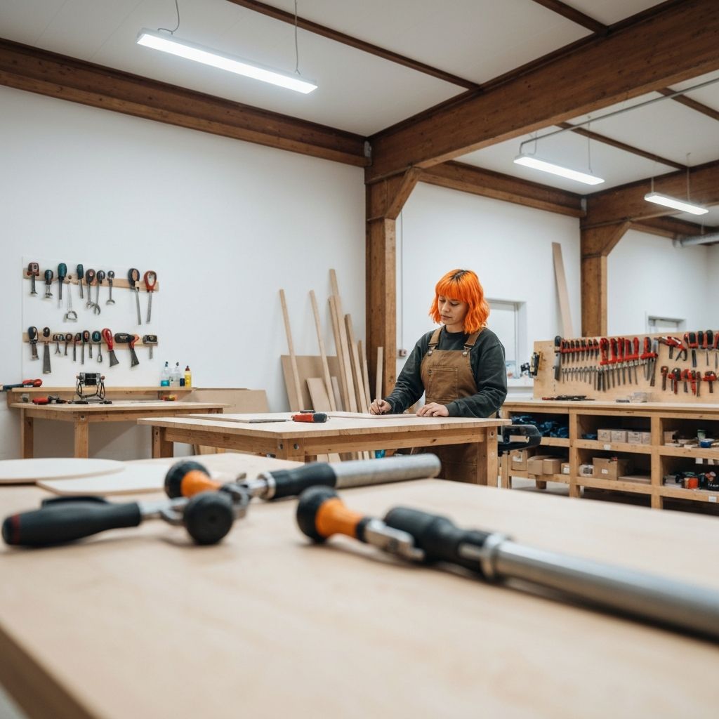 Doe-het-zelver in werkplaats met bouwtekening en laptop videocall